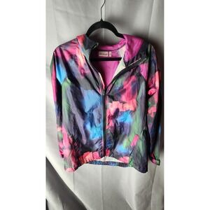 Love Life Live Womens S Abstract Watercolor Full Zip Hooded Windbreaker Dopamine